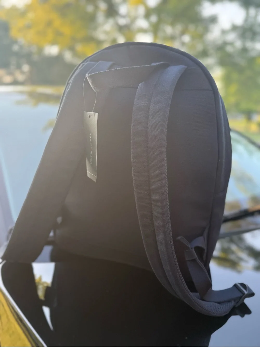 Tommy Hilfiger Black Backpack with Maroon Script Patch
